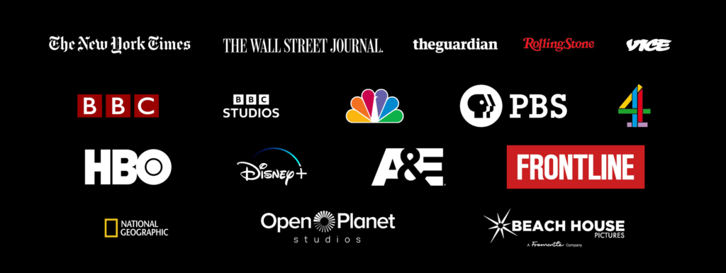 alt="Clients include BBC, HBO, Disney+, Channel 4, National Geographic, CNN, PBS, VICE, A&E, Rolling Stone, Frontline, The New York Times, Open Planet Studios, BBC Studios, The Wall Street Journal, Beach House Pictures, BBC2"